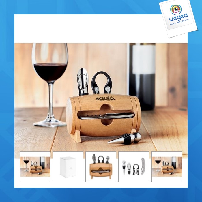 Accessoire pour le vin, coffret sommelier et coffret vin, Cadeau  d'entreprise, 4 accessoires à vin en tonneau personnalisable